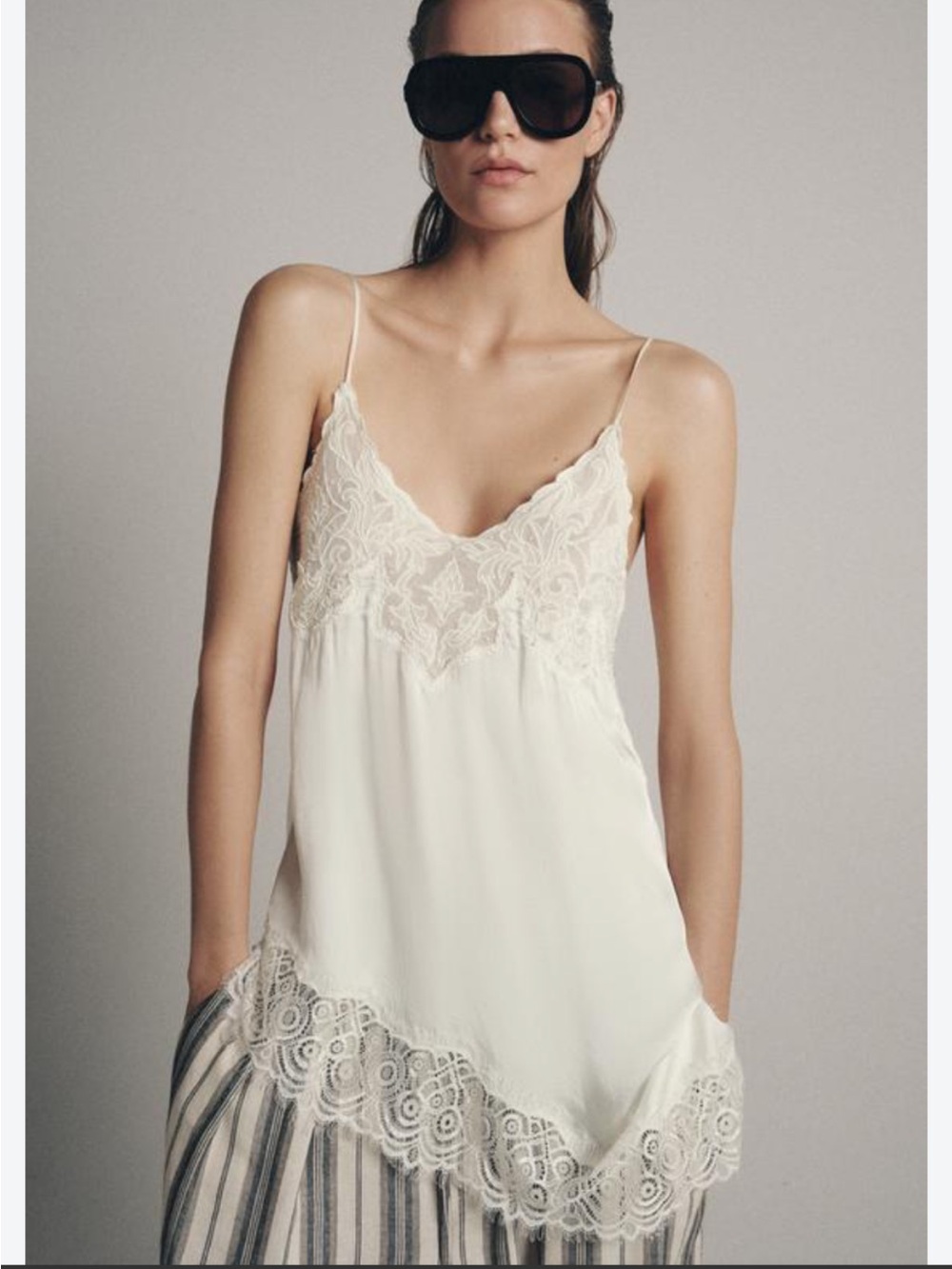 Zara Cream Lace-Trim Slip Camisole